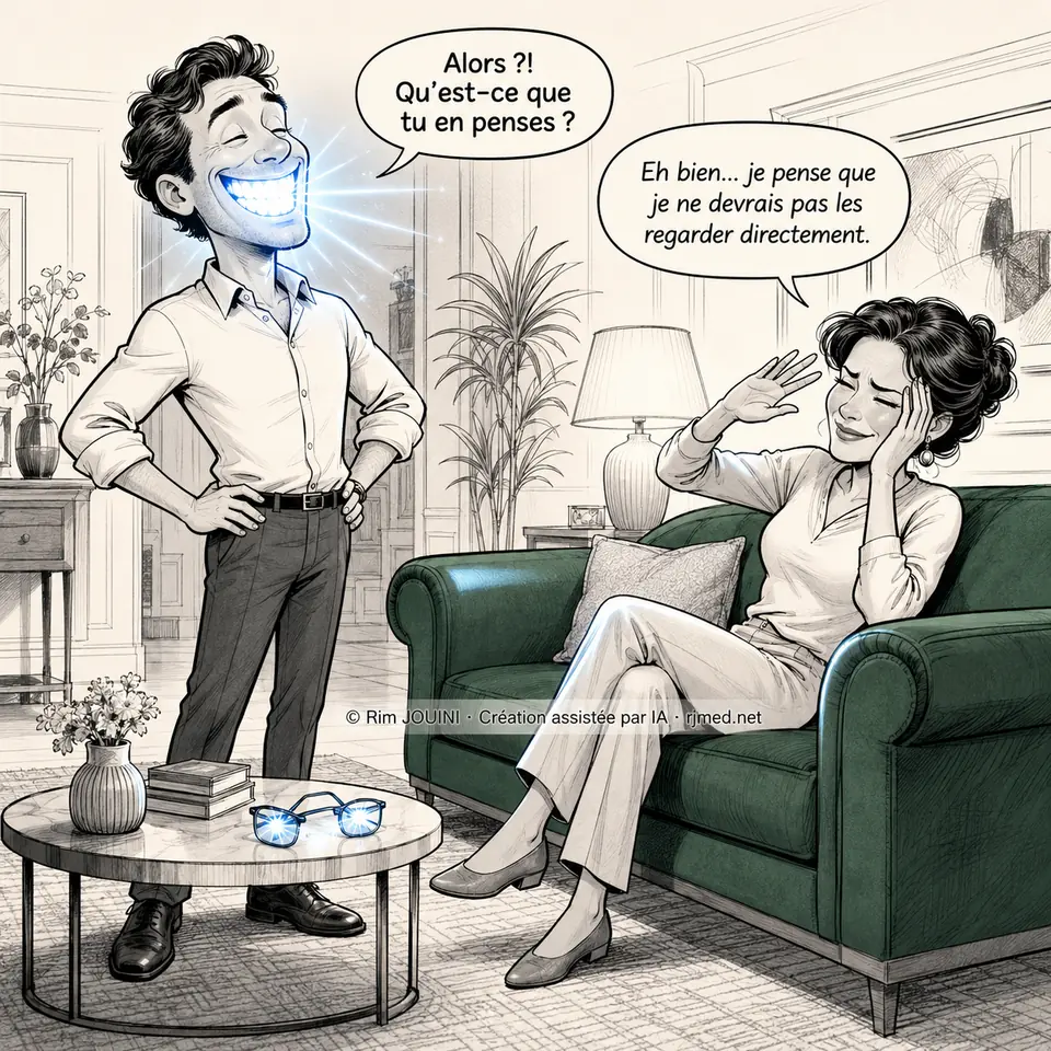 Caricature RJMed d'un sourire dentaire tellement éclatant qu'il éblouit